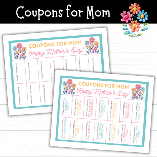 Coupons for Mom, Mother's Day Coupon Pack, Printable Coupons, Mother's Day Printables, Coupon Pack, Coupon Book, Blank Coupons