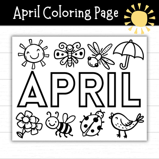 April Coloring Page, Spring Coloring Page, Month of April Activity, Coloring Activity, Printable Coloring Pages for Kids, Springtime Fun