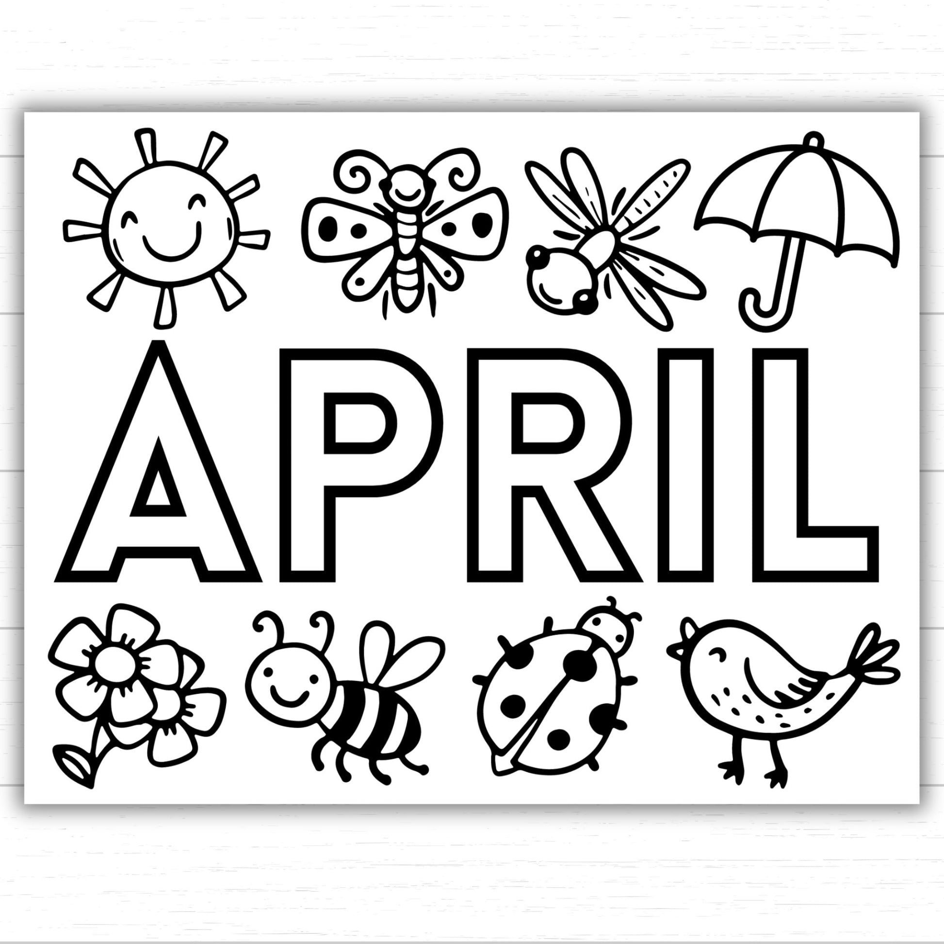 April Coloring Page, Spring Coloring Page, Month of April Activity, Coloring Activity, Printable Coloring Pages for Kids, Springtime Fun