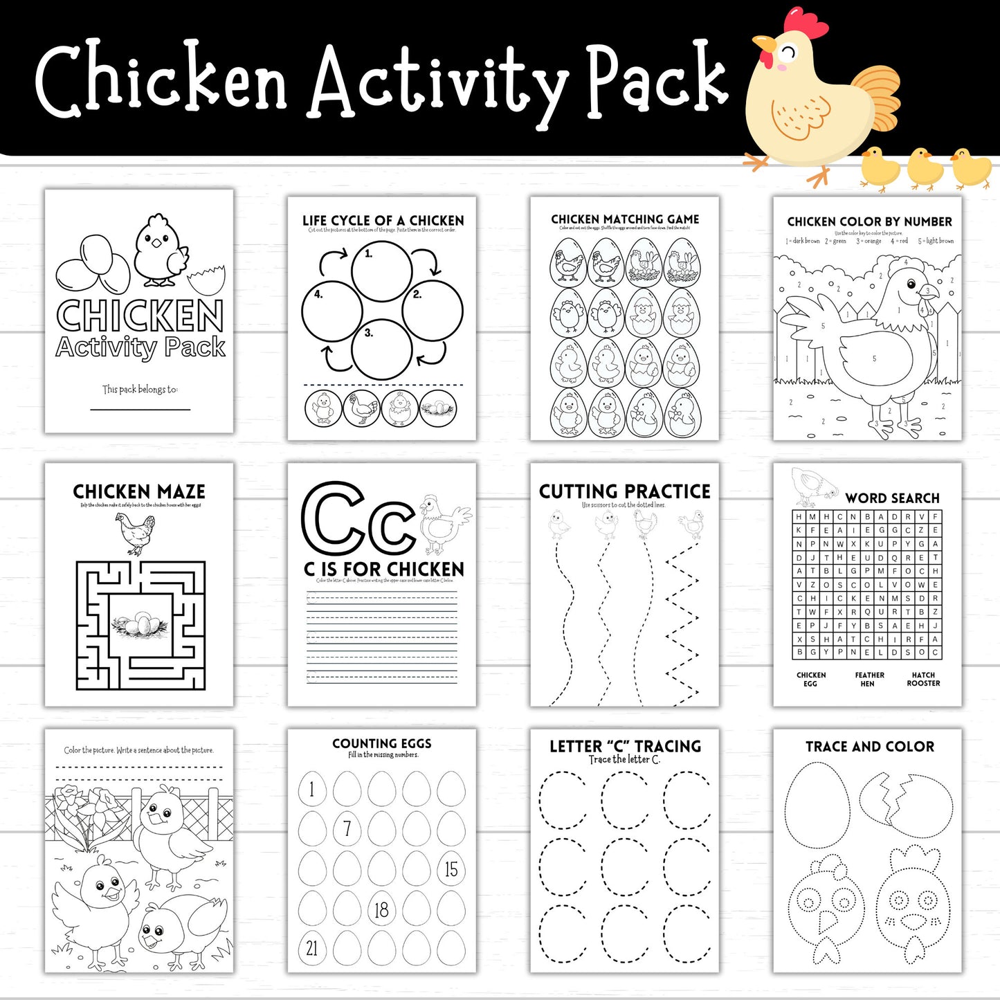 Chicken Activity Pack, Chicken Unit, Chicken Worksheets for Kids, Cute Chicken Activities, Printable Chicken Activities, Spring Chicken Unit