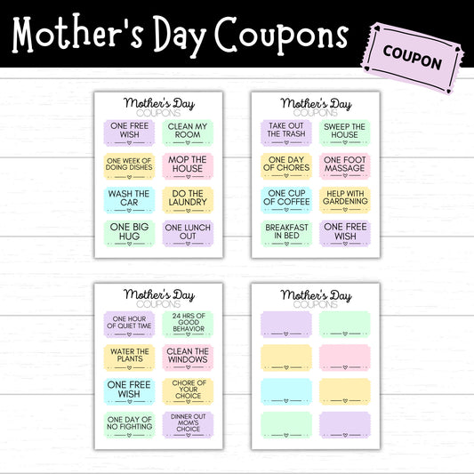Mother's Day Coupons, Coupon Book, Printable Coupons for Mom, Mother's Day Gift Idea, DIY Coupons, DIY Gift Idea, Mom Appreciation