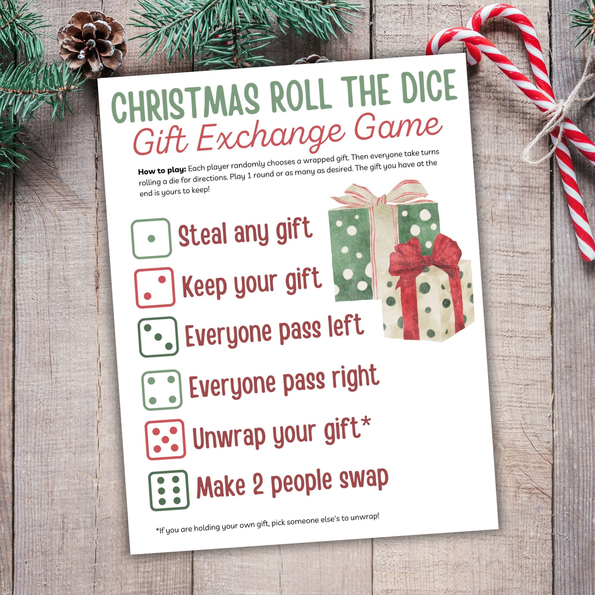 Christmas Gift Exchange Dice Game, Holiday Christmas Party Games, Roll the Dice Game, White Elephant Gift Exchange Game, Printable Dice Game