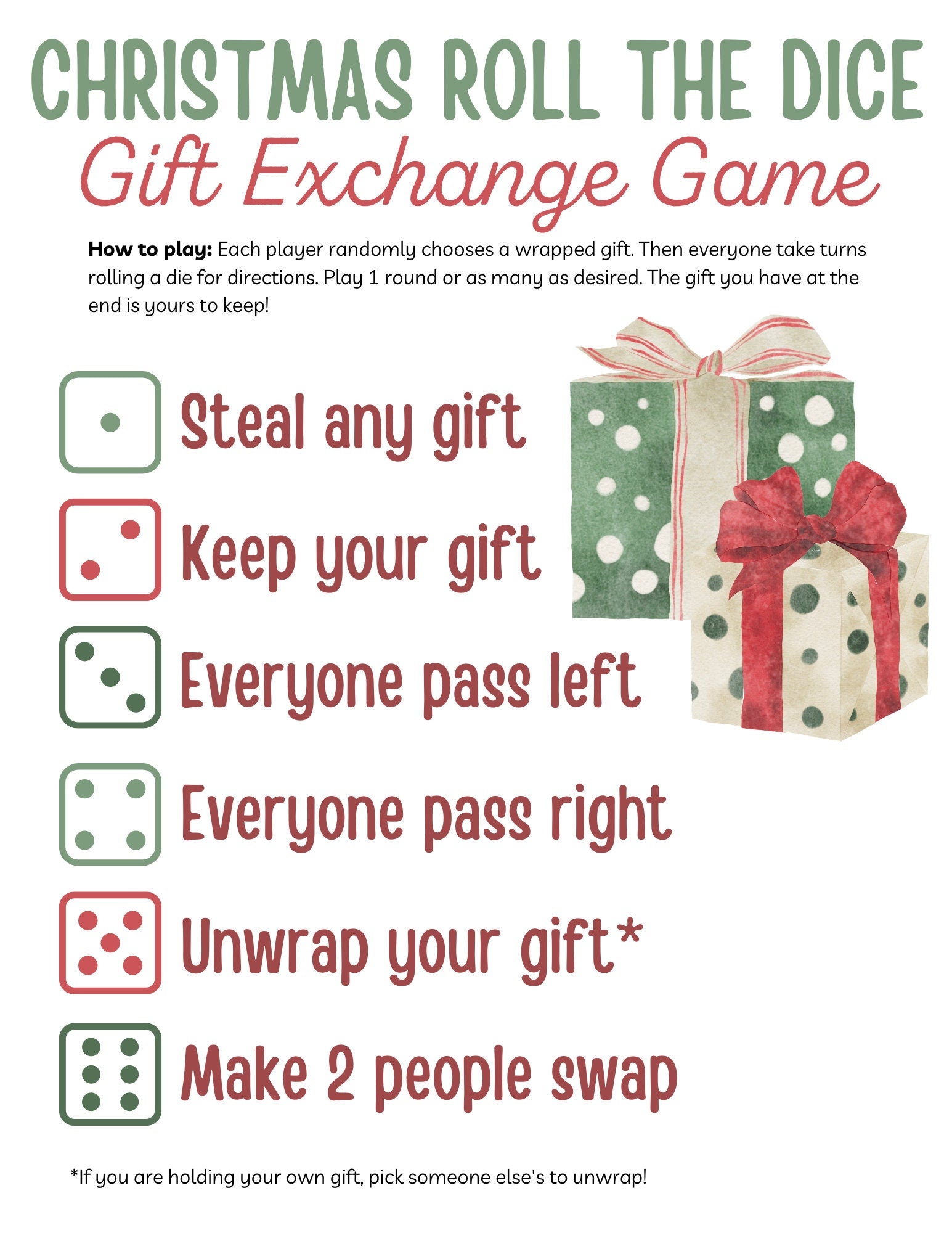 Christmas Gift Exchange Dice Game, Holiday Christmas Party Games, Roll the Dice Game, White Elephant Gift Exchange Game, Printable Dice Game