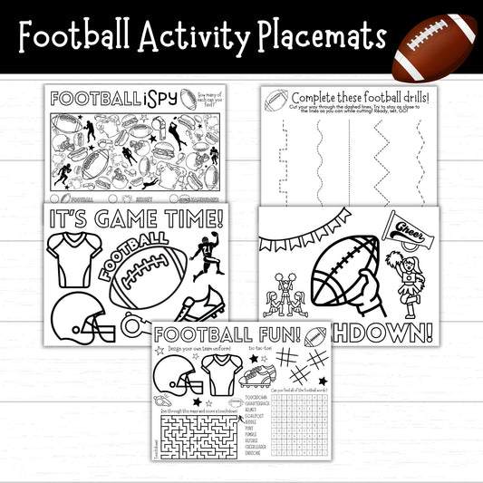 Football Activity Placemats for Kids, Printable Football Activities, Football Games, Football Worksheets, Football Season Fun, Sports Games