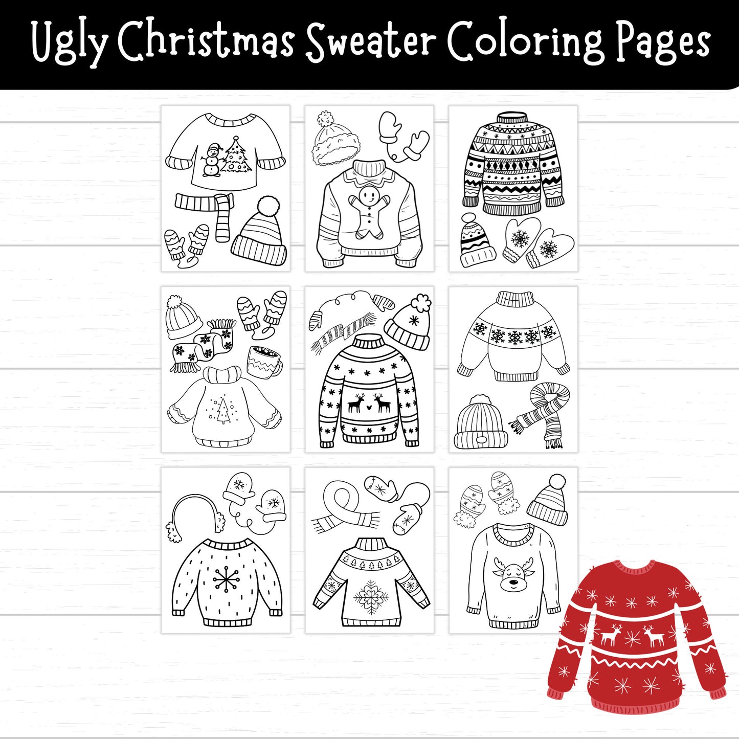 Ugly Christmas Sweater Coloring Pages, Ugly Christmas Sweater Activities, Christmas Printables for Kids, Christmas Coloring Pages