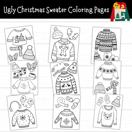 Ugly Christmas Sweater Coloring Pages, Ugly Christmas Sweater Activities, Christmas Printables for Kids, Christmas Coloring Pages
