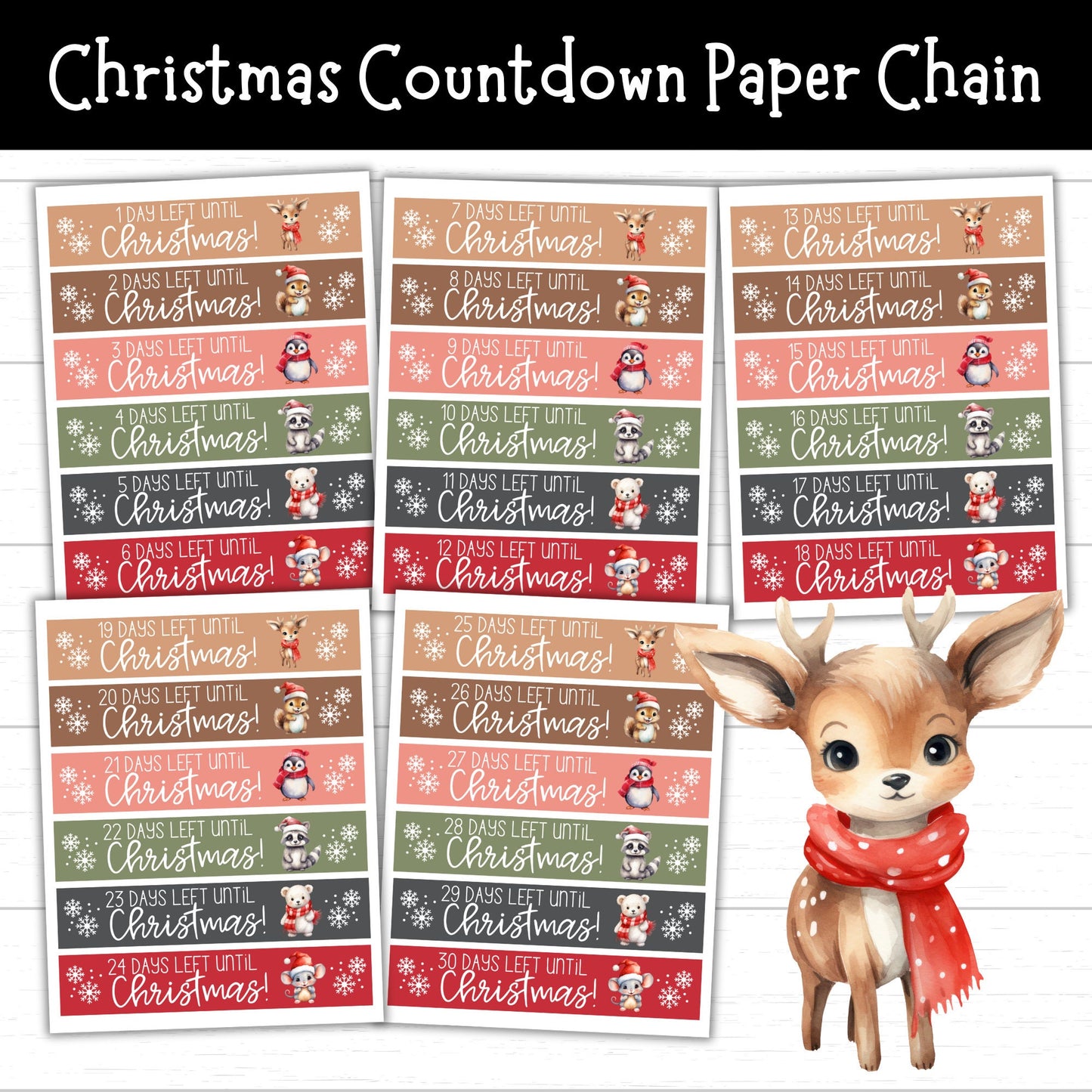 Christmas Countdown Paper Chain, 30 Day Christmas Countdown, Christmas Countdown Printables, Printable Paper Chains, Cute Animal Paper Chain