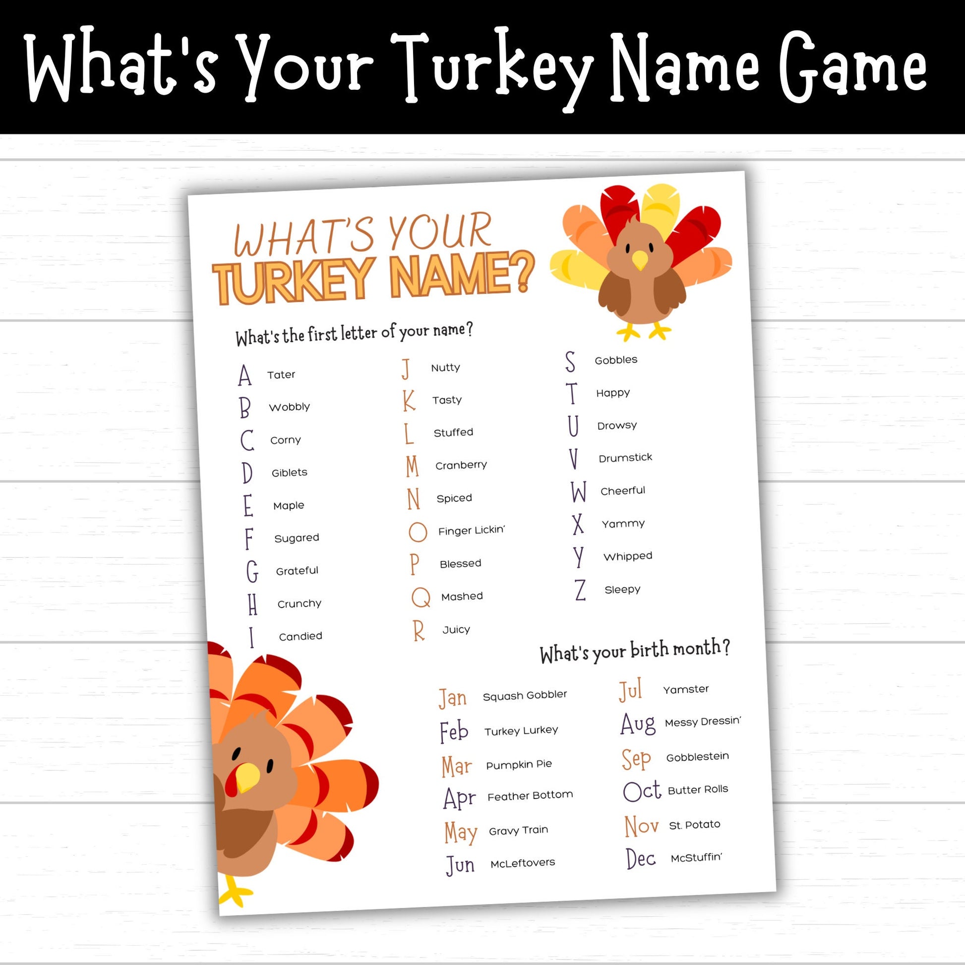 What's Your Turkey Name Game, Printable What's Your Turkey Name Game for Thanksgiving, Thanksgiving Printables, Printable Turkey Name Game