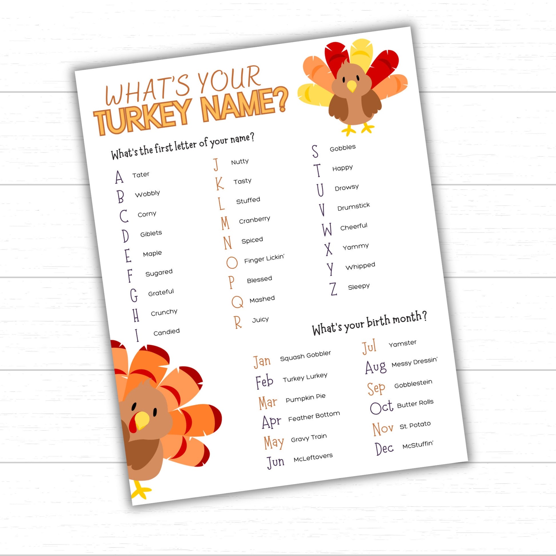 What's Your Turkey Name Game, Printable What's Your Turkey Name Game for Thanksgiving, Thanksgiving Printables, Printable Turkey Name Game