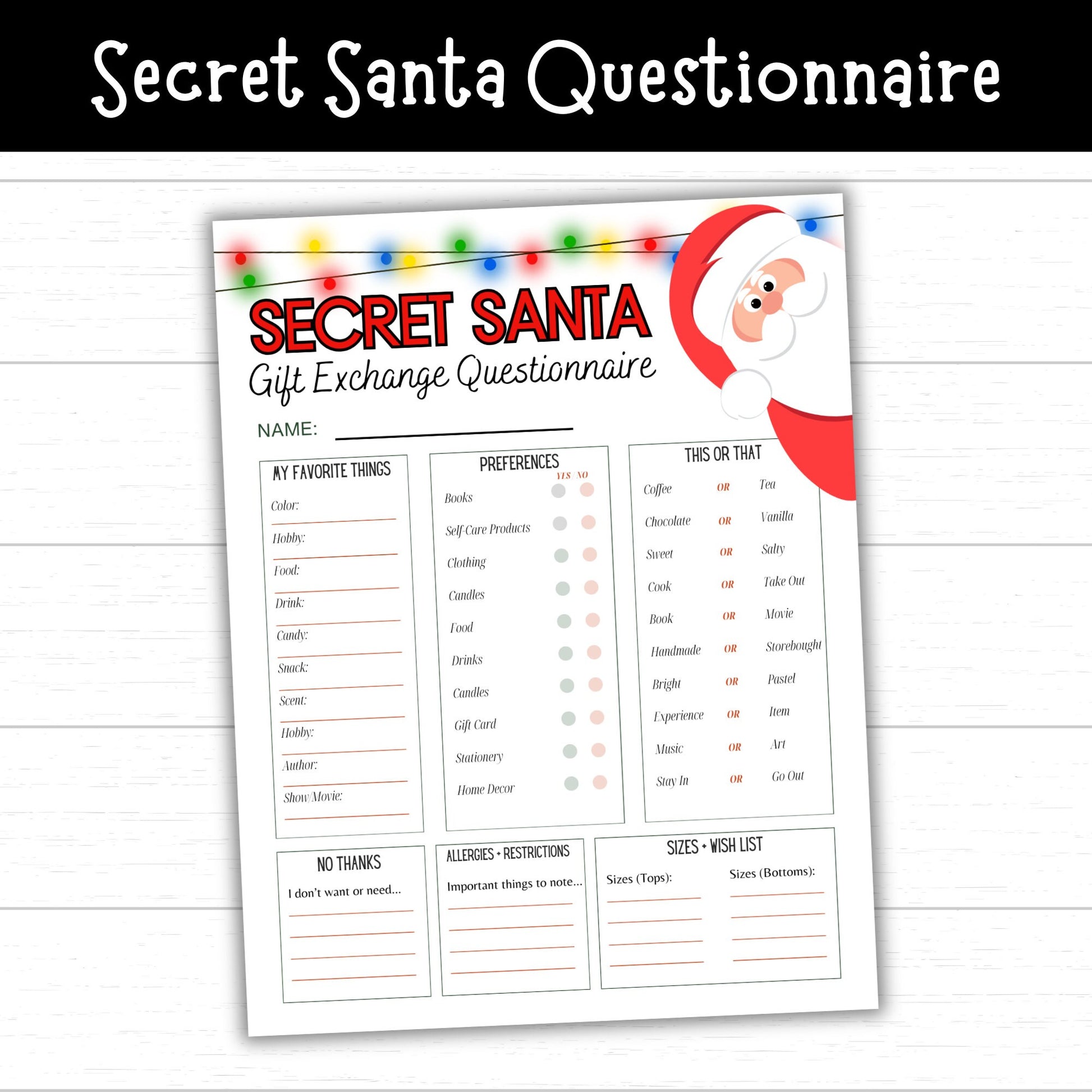 Secret Santa Questionnaire, Secret Santa Gift Exchange Printable, Questions for Secret Santa, Secret Santa Printables, Secret Santa Form