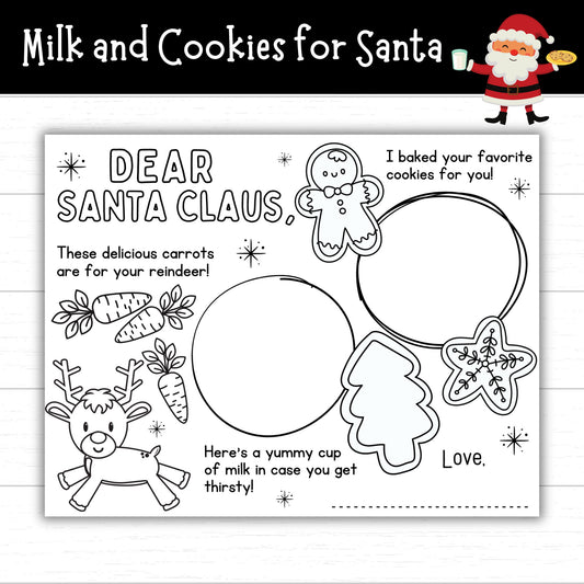 Milk and Cookies for Santa Printable Placemat, Printable Christmas Placemat for Kids, Holiday Activity Mat, Dear Santa Coloring Placemat