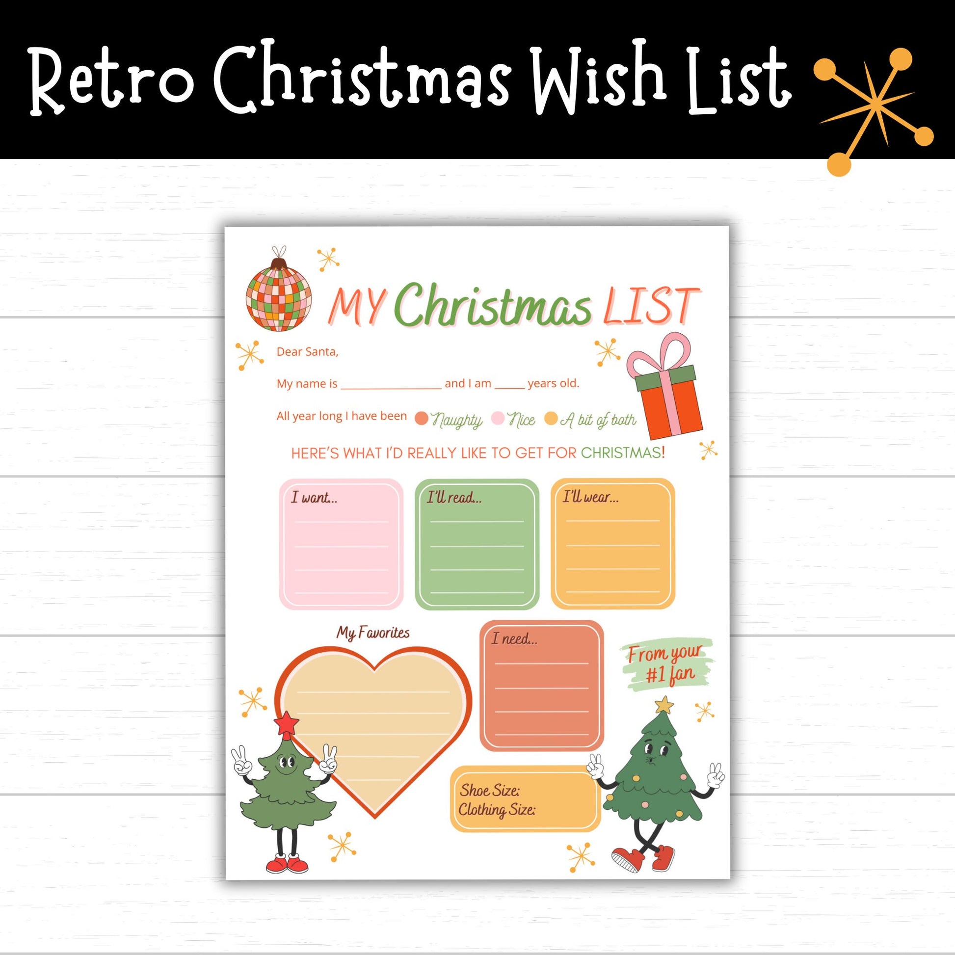 Retro Christmas Wish List to Santa, Christmas Wish List, Vintage Wish List for Kids, Printable Christmas List, Wish List from Kids to Santa