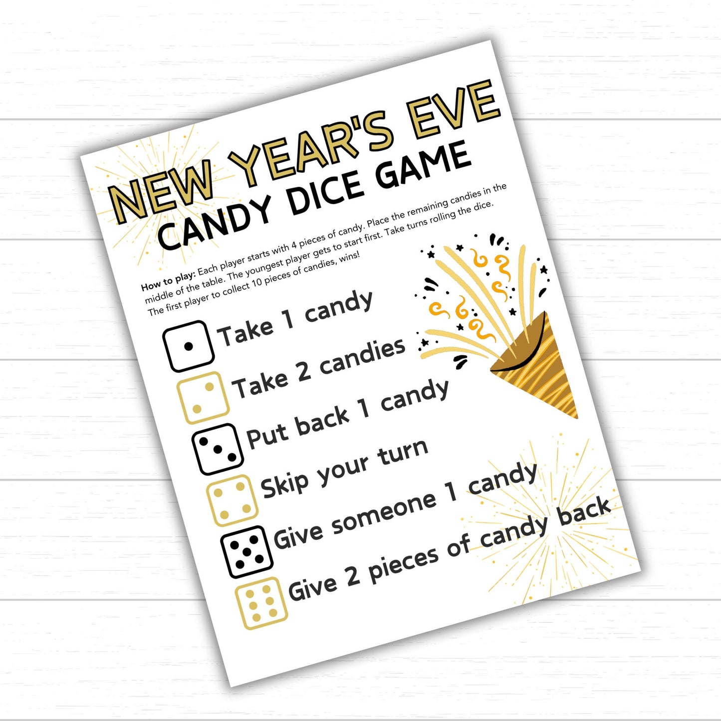 New Year's Eve Candy Dice Game, New Years Party Games for Kids, Candy Dice Games, Printable New Years Eve Games for Kids, New Year PDF