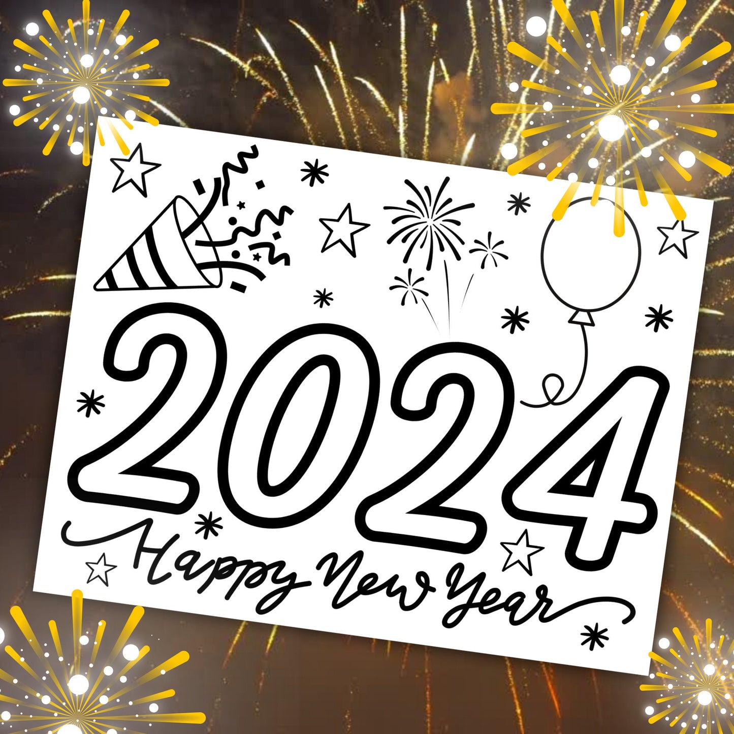 2024 Happy New Year Coloring Page, New Years Printables for Kids, Happy New Year 2024 Printables, New Years Coloring Pages, New Year PDF