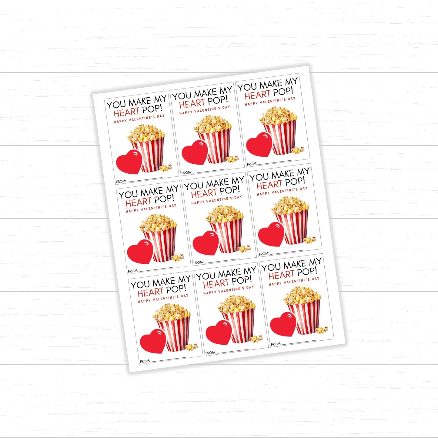 Popcorn Valentine's Day Cards, You Make My Heart Pop Valentine Cards, Printable Valentine's Day Cards, Printable Popcorn Valentines