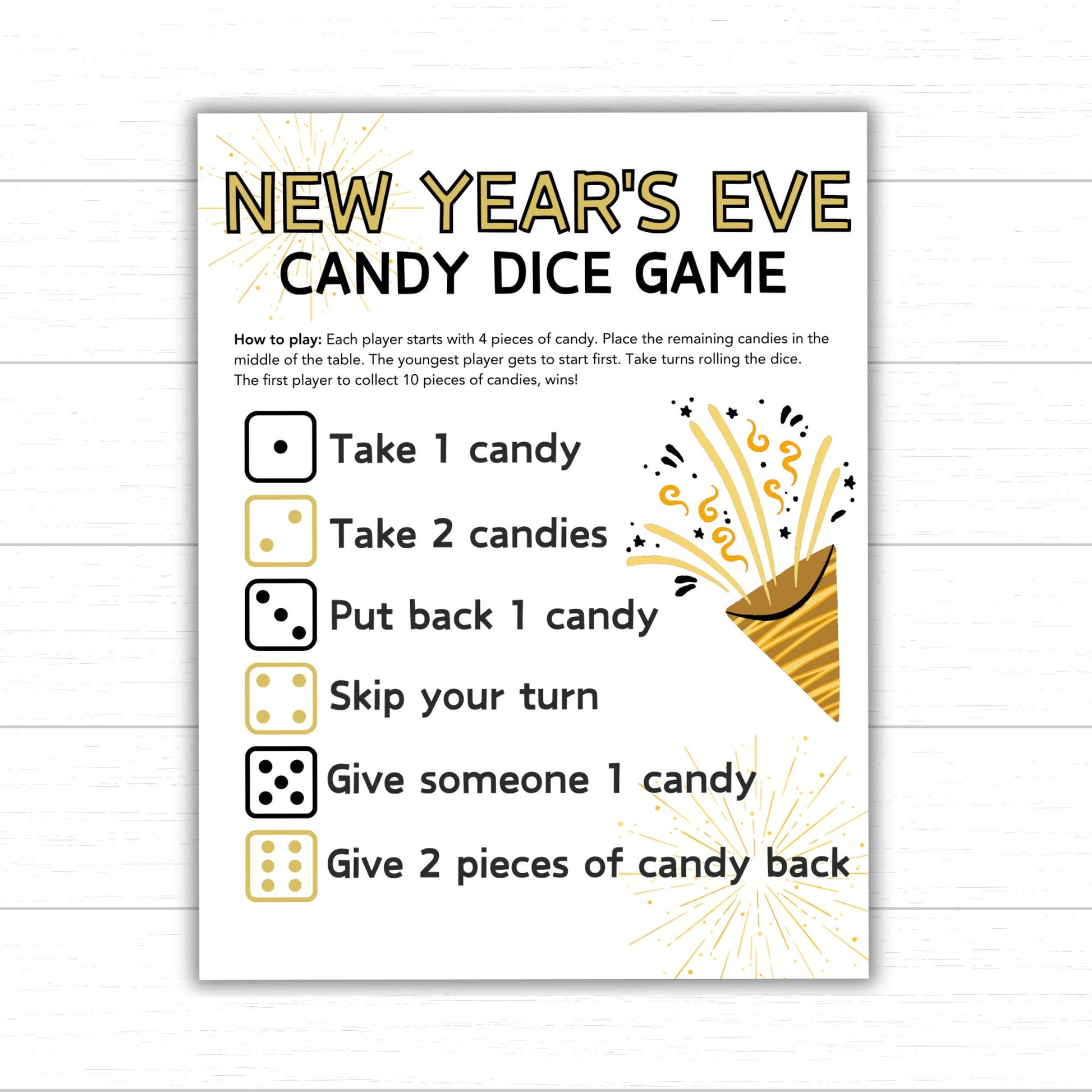 New Year's Eve Candy Dice Game, New Years Party Games for Kids, Candy Dice Games, Printable New Years Eve Games for Kids, New Year PDF