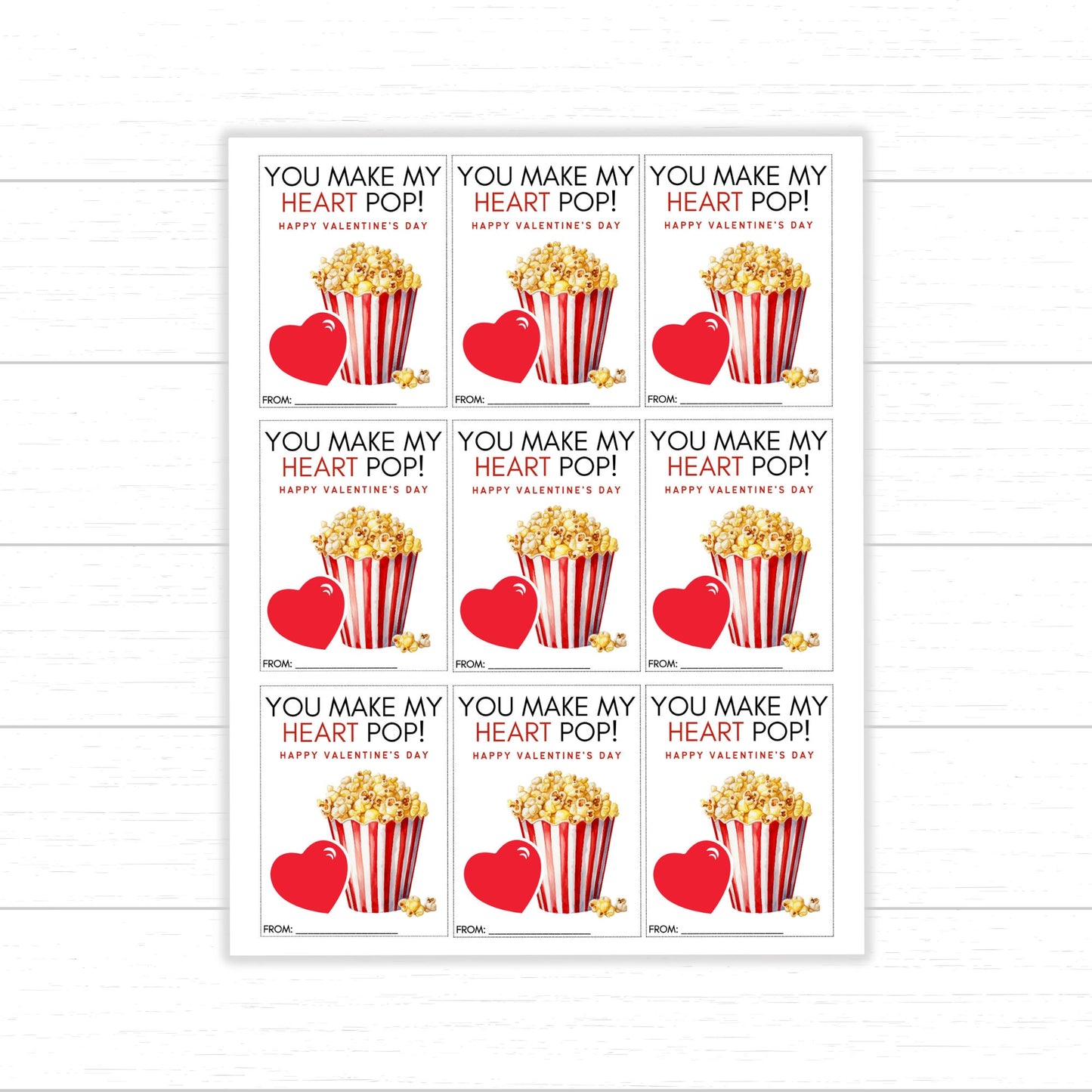 Popcorn Valentine's Day Cards, You Make My Heart Pop Valentine Cards, Printable Valentine's Day Cards, Printable Popcorn Valentines