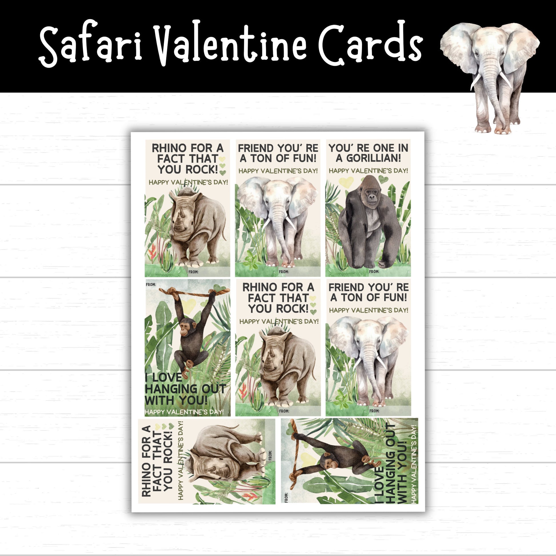 Safari Valentine's Day Cards, Jungle Animal Valentine Cards, Printable Valentine's Day Cards for Kids, Safari Valentines, Jungle Valentines