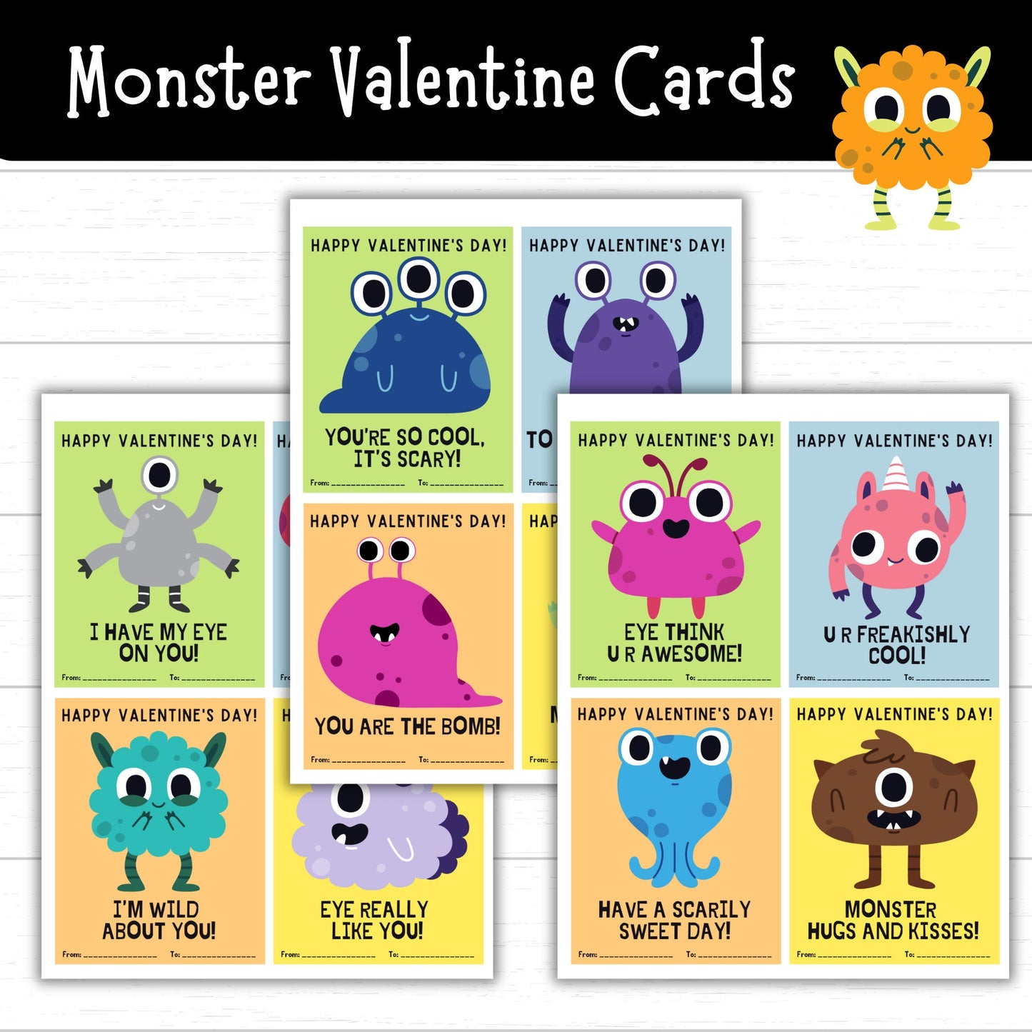 Monster Valentine's Day Cards, Printable Monster Valentines, Monster Valentine Cards, Printable Valentines, Classroom Exchange, Digital PDF
